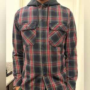 Zara men’s Black, Red, Plaid Button-Up Shirt with hood!